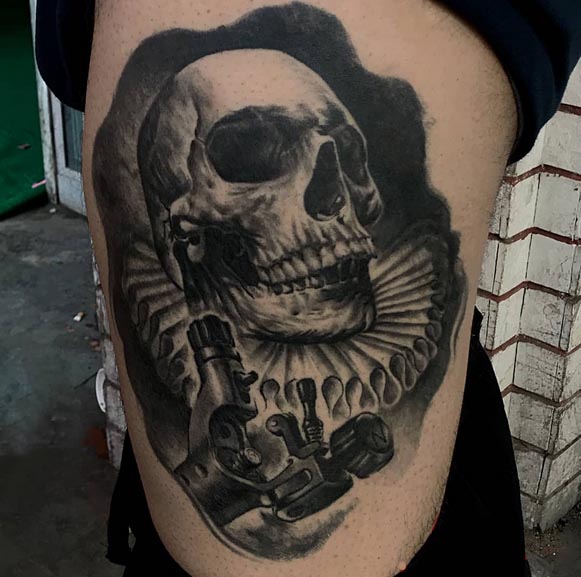 skull with tap tattoo design man side waist