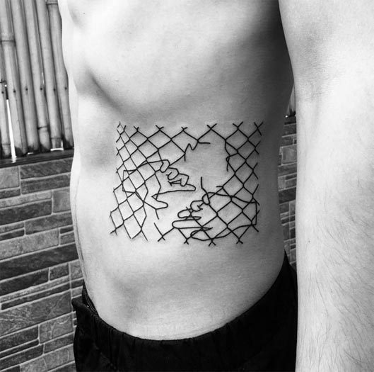 wire with hand simple tattoo linework guys side waist