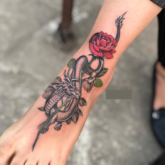 ankle dragon rose tattoo