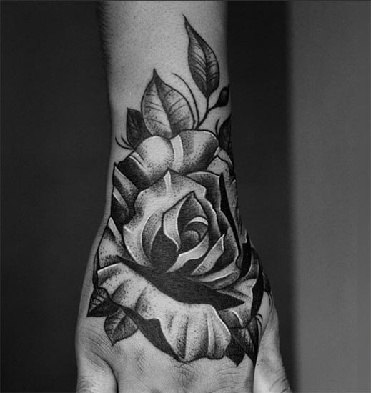 rose flower tattoo dotwork male outer wrist black and grey