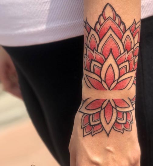 unique mandala tattoo design color red female hand wrist